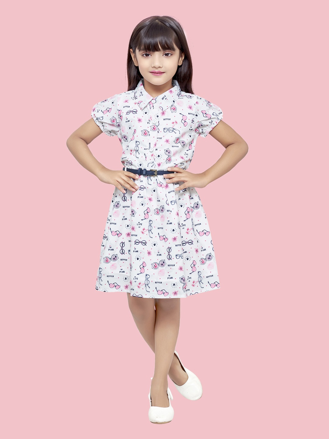 

Doodle Girls Shirt Collar Graphic Printed Fit & Flare Dress With Belt, White