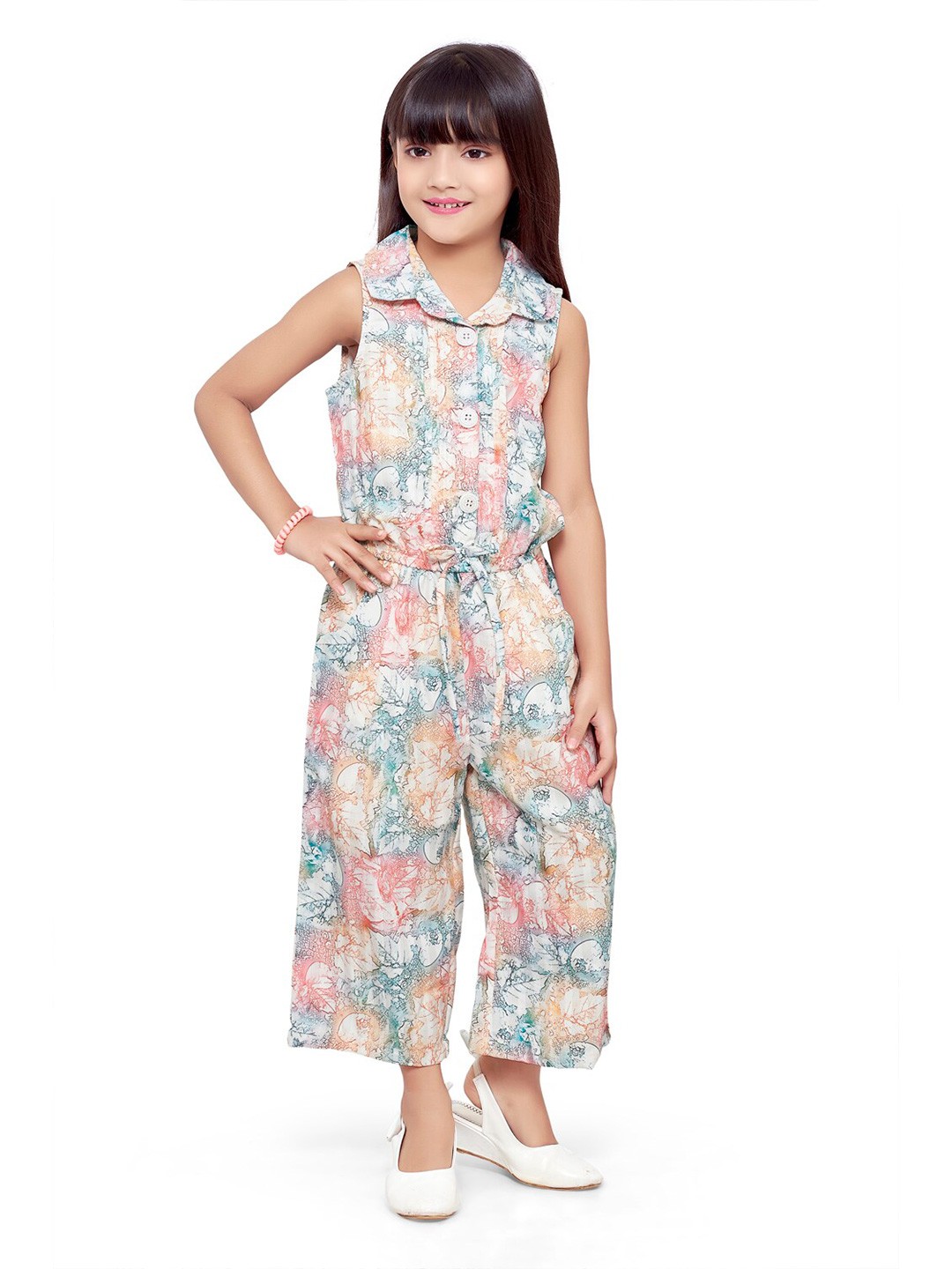 

Doodle Girls Shirt Collar Floral Printed Satin Jumpsuit, Off white