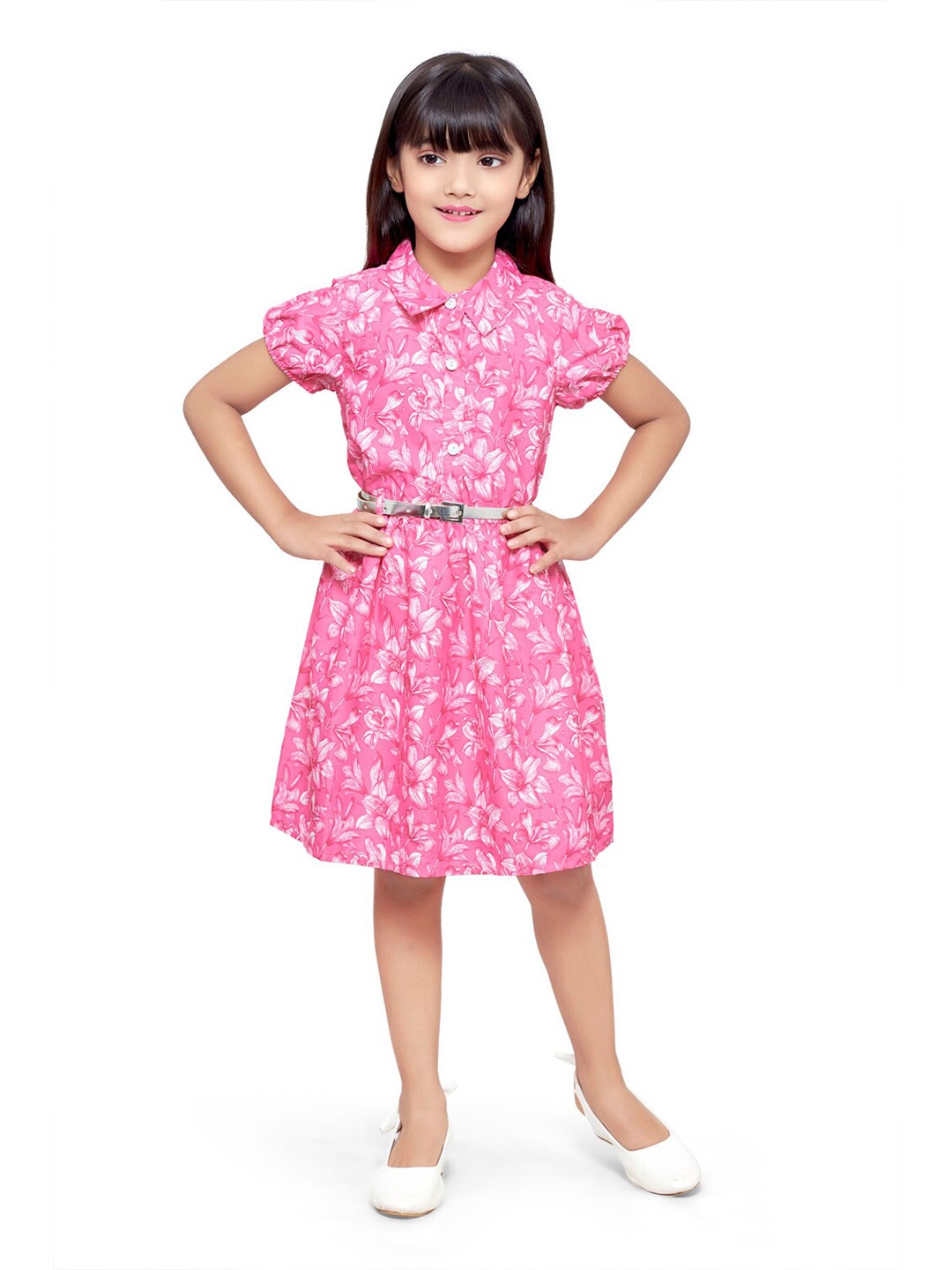 

Doodle Shirt Collar Floral Printed Dress With Belt, Pink