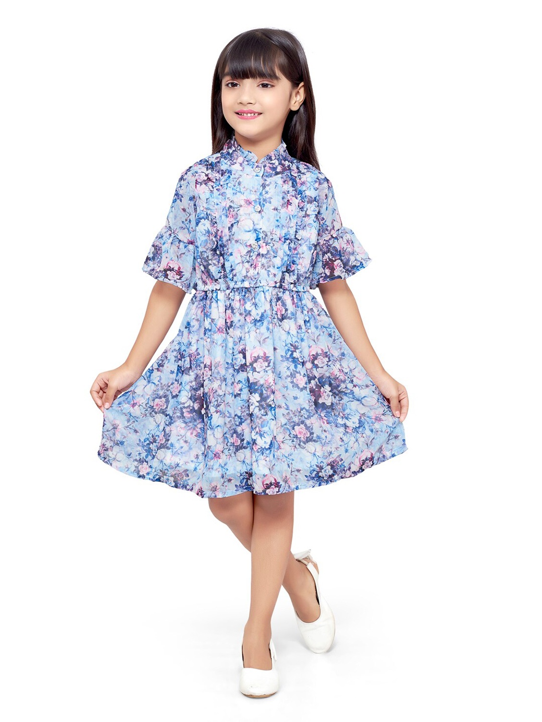 

Doodle Girls Floral Printed Georgette Fit And Flare Dress, Blue