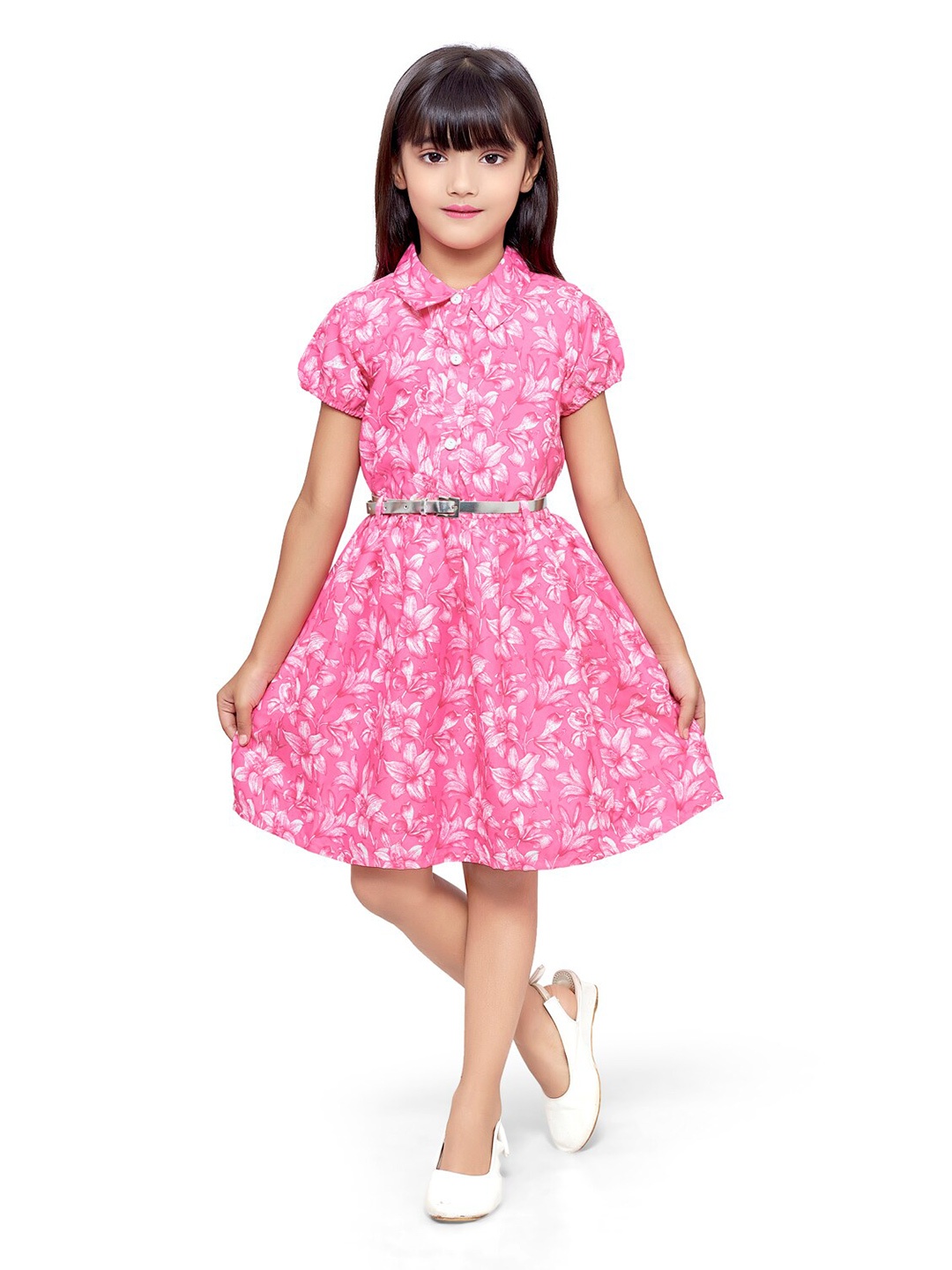 

Doodle Girls Shirt Collar Floral Printed Dress, Pink