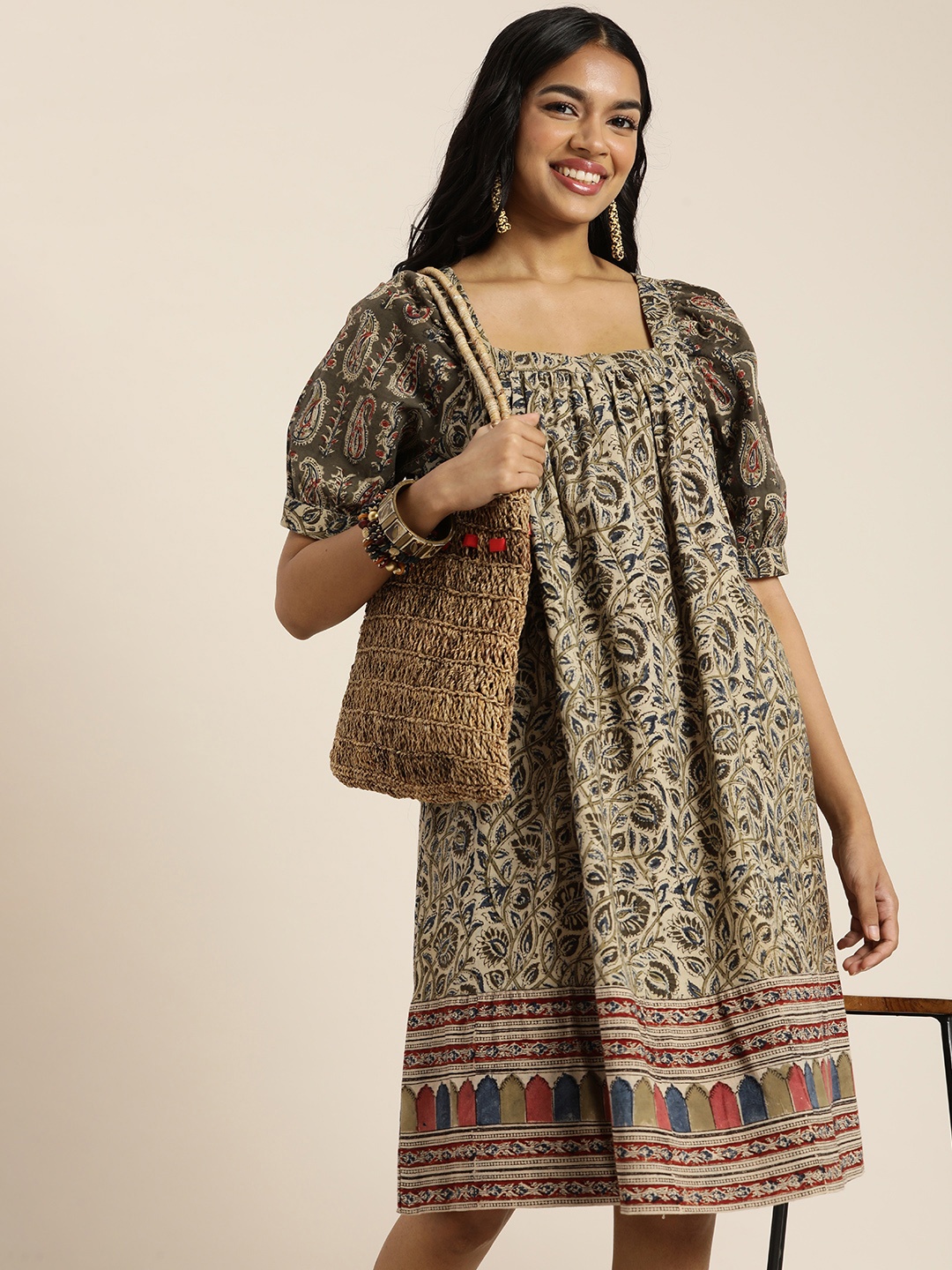 

Taavi Kalamkari Ethnic Motifs Printed A-Line Ethnic Dress, Beige