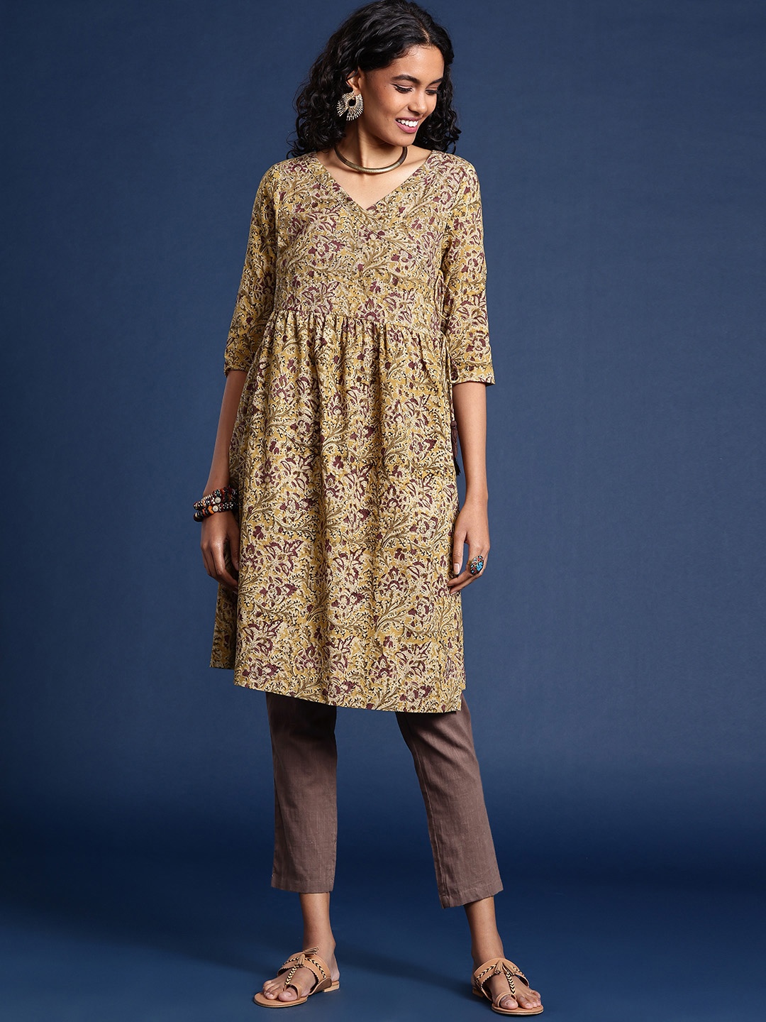 

Taavi Kalamkari Hand Block Print Angrakha Pure Cotton Kurta with Trousers, Mustard
