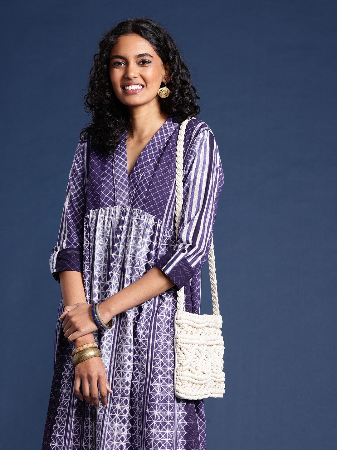

Taavi Pure Cotton Printed Shibori A-Line Midi Ethnic Dresses, Purple