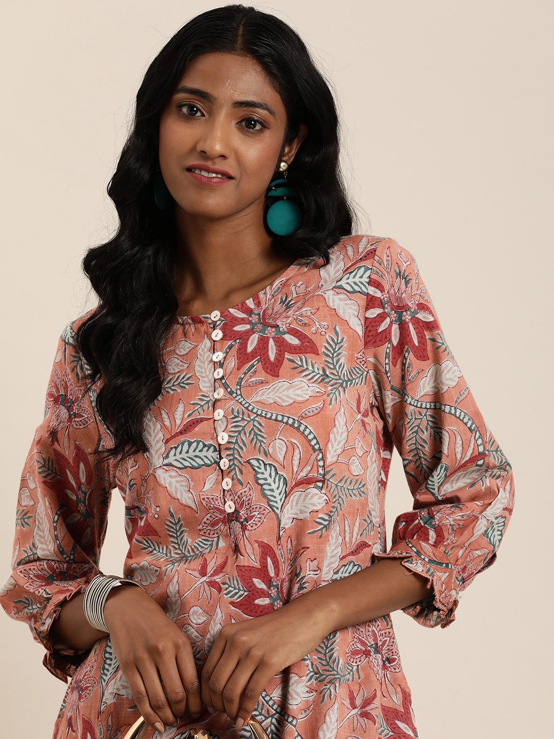 

Taavi Ethnic Motifs Sanganeri Block Print Kurta, Peach