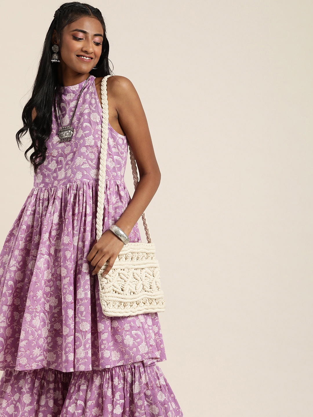 

Taavi Women Floral Printed Regular Sanganeri Kurta With Sharara, Violet