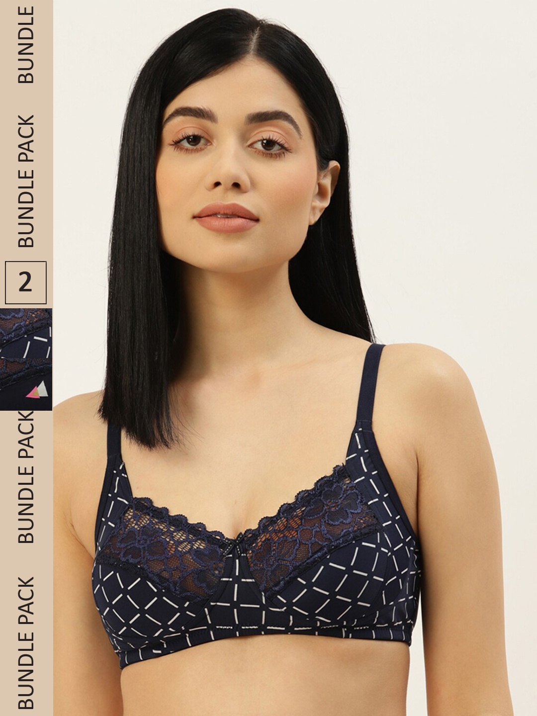 

ETC Pack of 2 Non padded Non-wired Floral Printed Bra, Navy blue