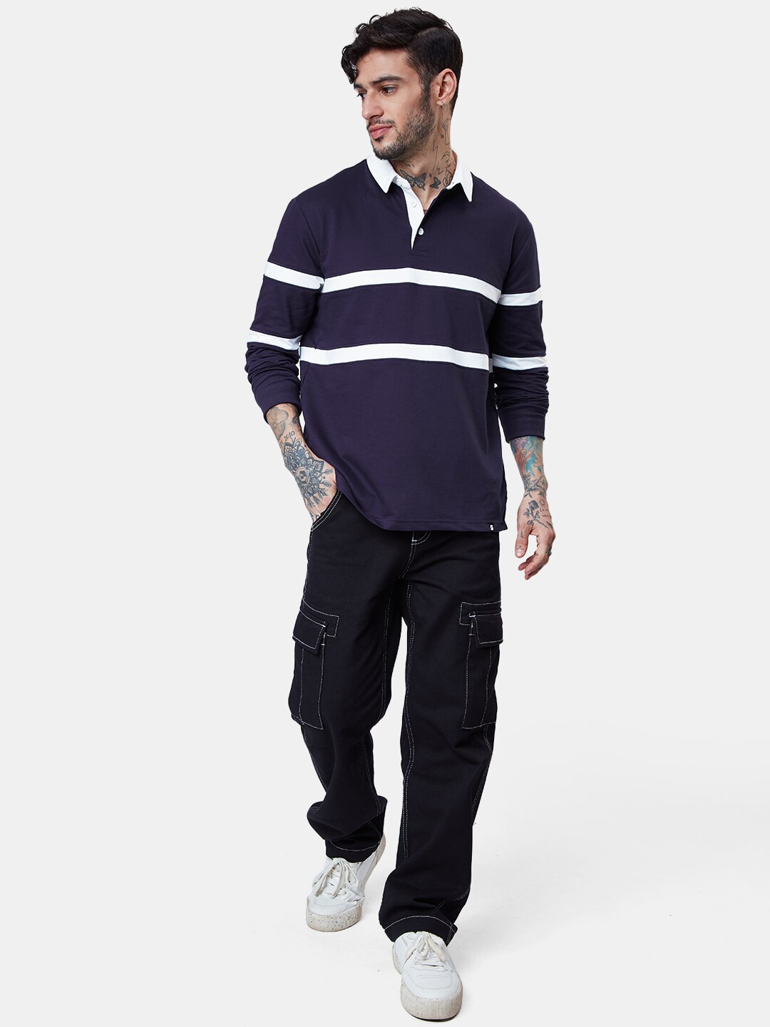 

The Souled Store Nautical Striped Polo Collar Long Sleeve Pure Cotton T-shirt, Navy blue