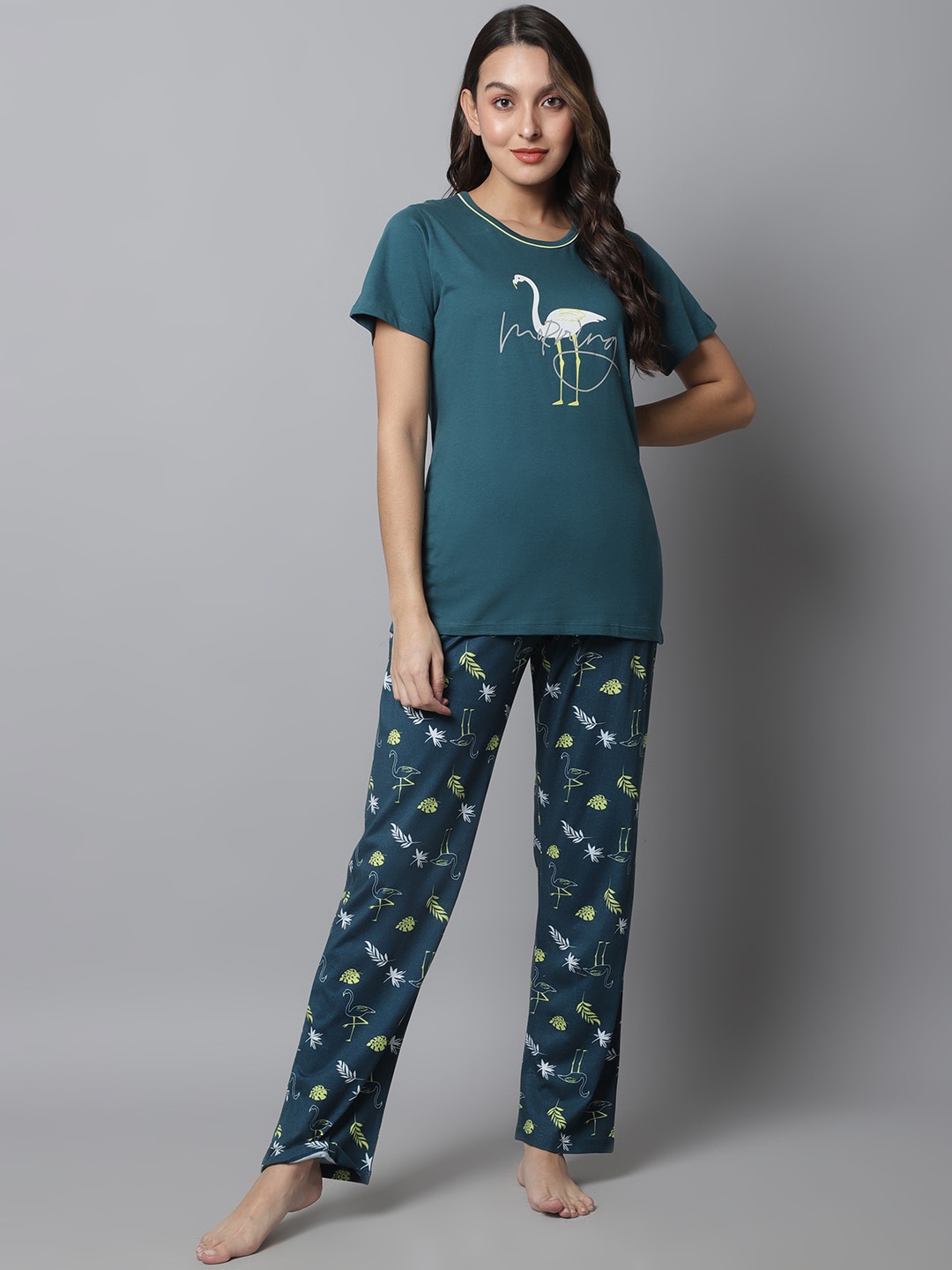 

Kanvin Floral Printed Night Suit, Teal