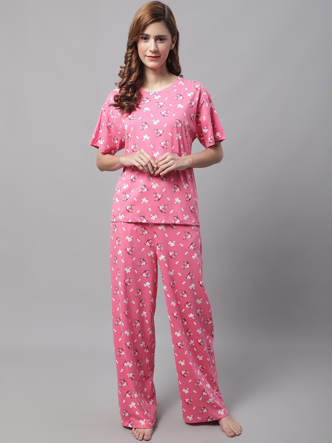 

Kanvin Floral Printed Night Suit, Pink