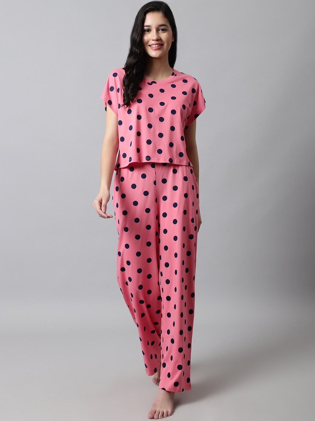 

Kanvin Polka Dots Printed Pure Cotton Night Suit, Pink