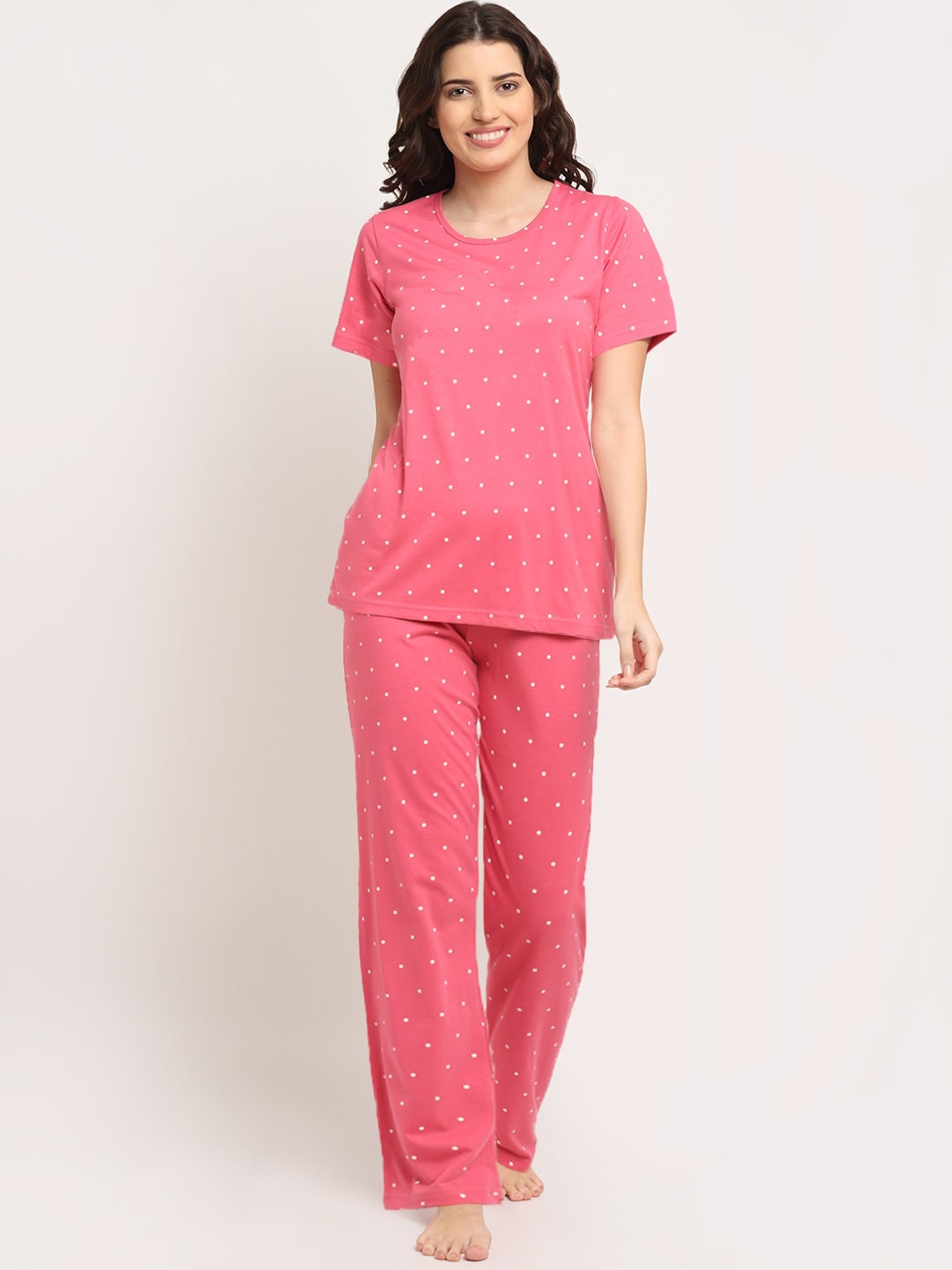 

Kanvin Polka Dots Printed Night Suit, Pink