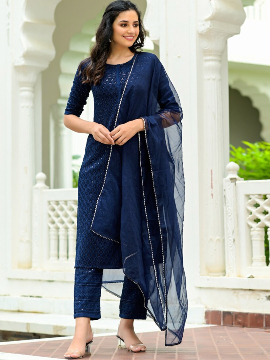 

Hatheli Round Neck Embroidered Sequinned Kurta With Trousers & Dupatta, Navy blue