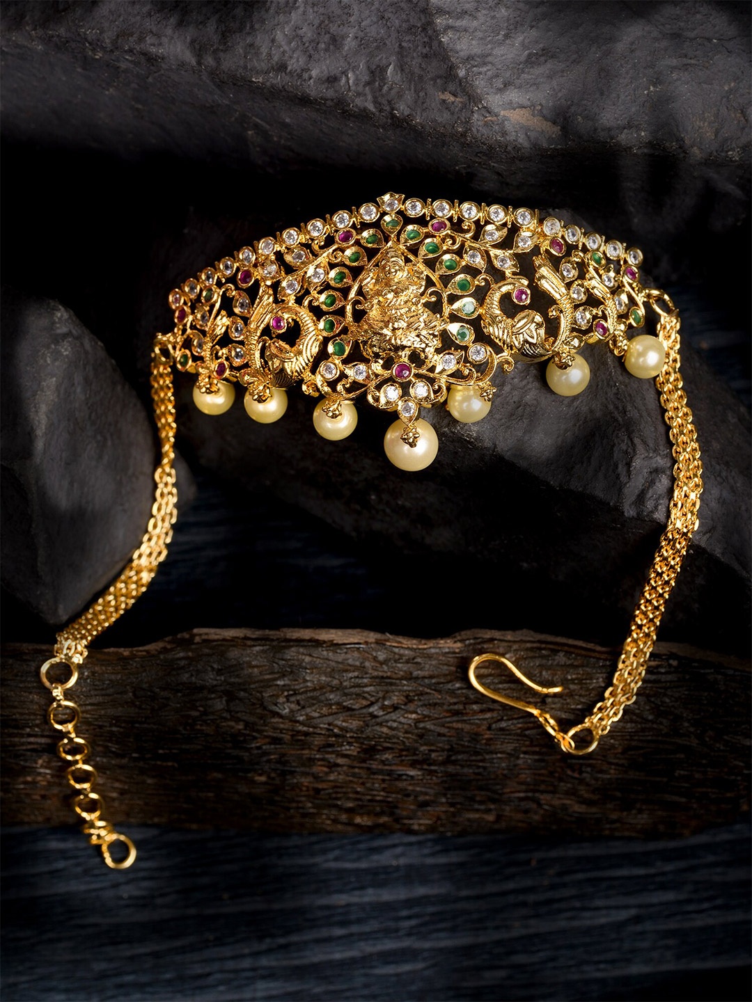 

Saraf RS Jewellery Women Brass American Diamond Gold-Plated Temple Armlet Bracelet, Green