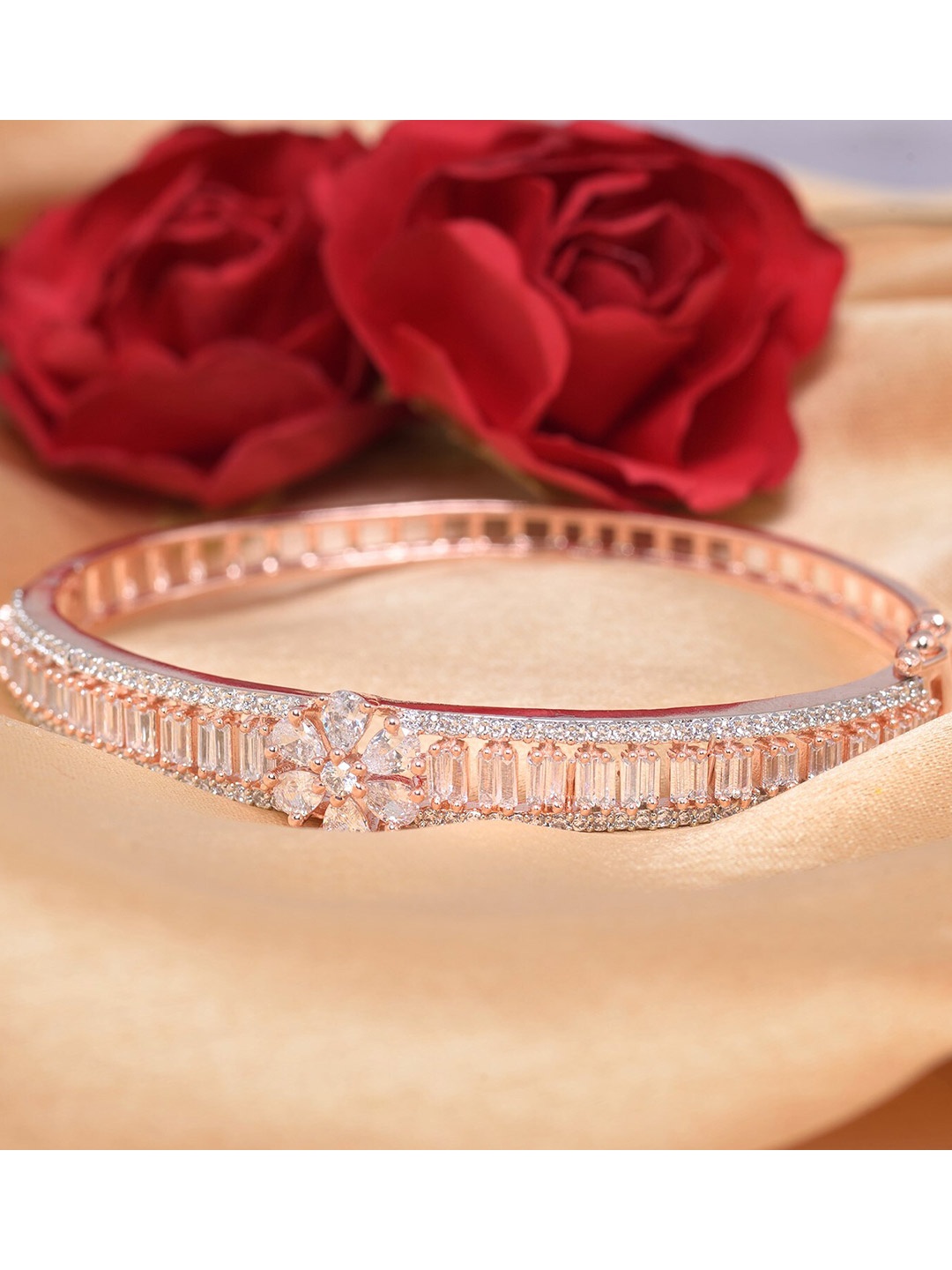 

Saraf RS Jewellery Women Brass American Diamond Rose Gold-Plated Bangle-Style Bracelet, White