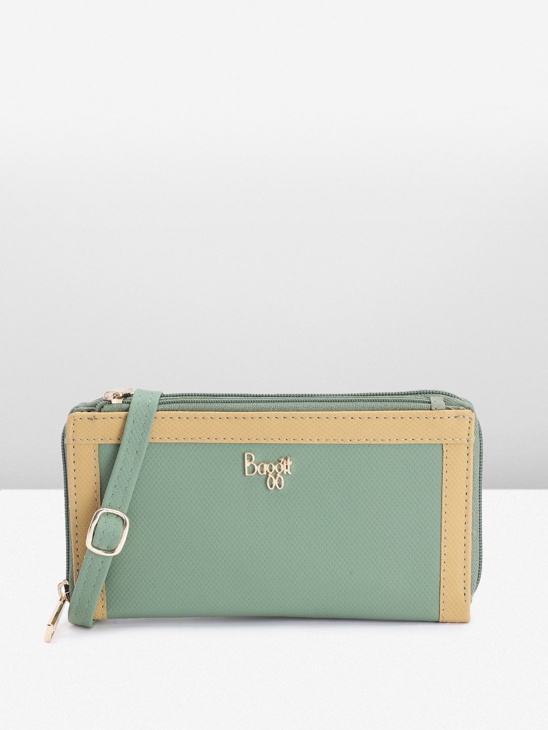 

Baggit Women Minute Geometric Textured PU Zip Around Wallet With Detachable Sling Strap, Green