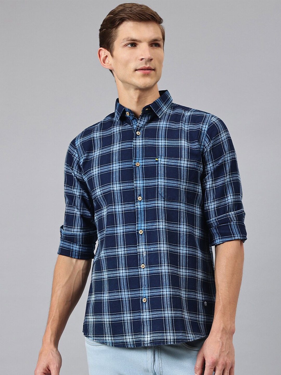 

Thomas Scott Tartan Checked Premium Slim Fit Casual Pure Cotton Shirt, Navy blue