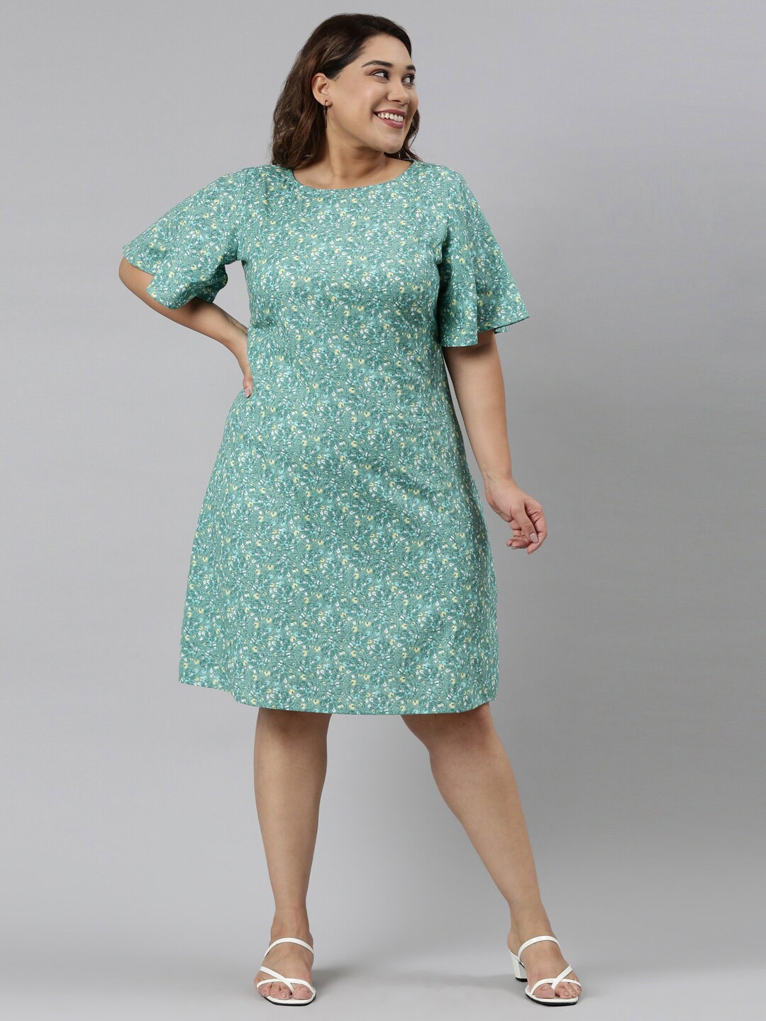 

The Pink Moon Floral Printed Flared Sleeves Cotton A-Line Dress, Green