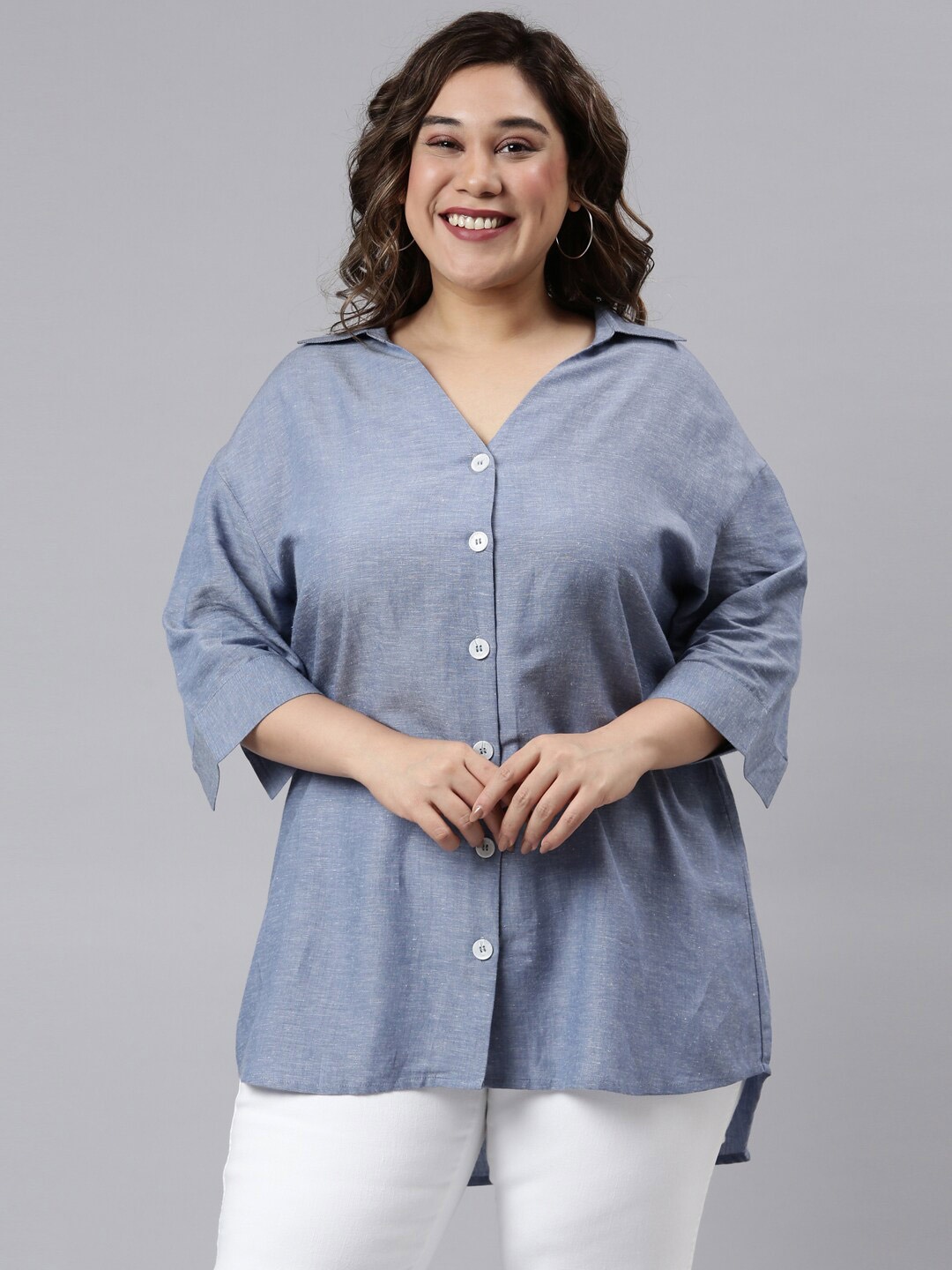 

The Pink Moon Plus Size Standard High-Low Casual Shirt, Blue