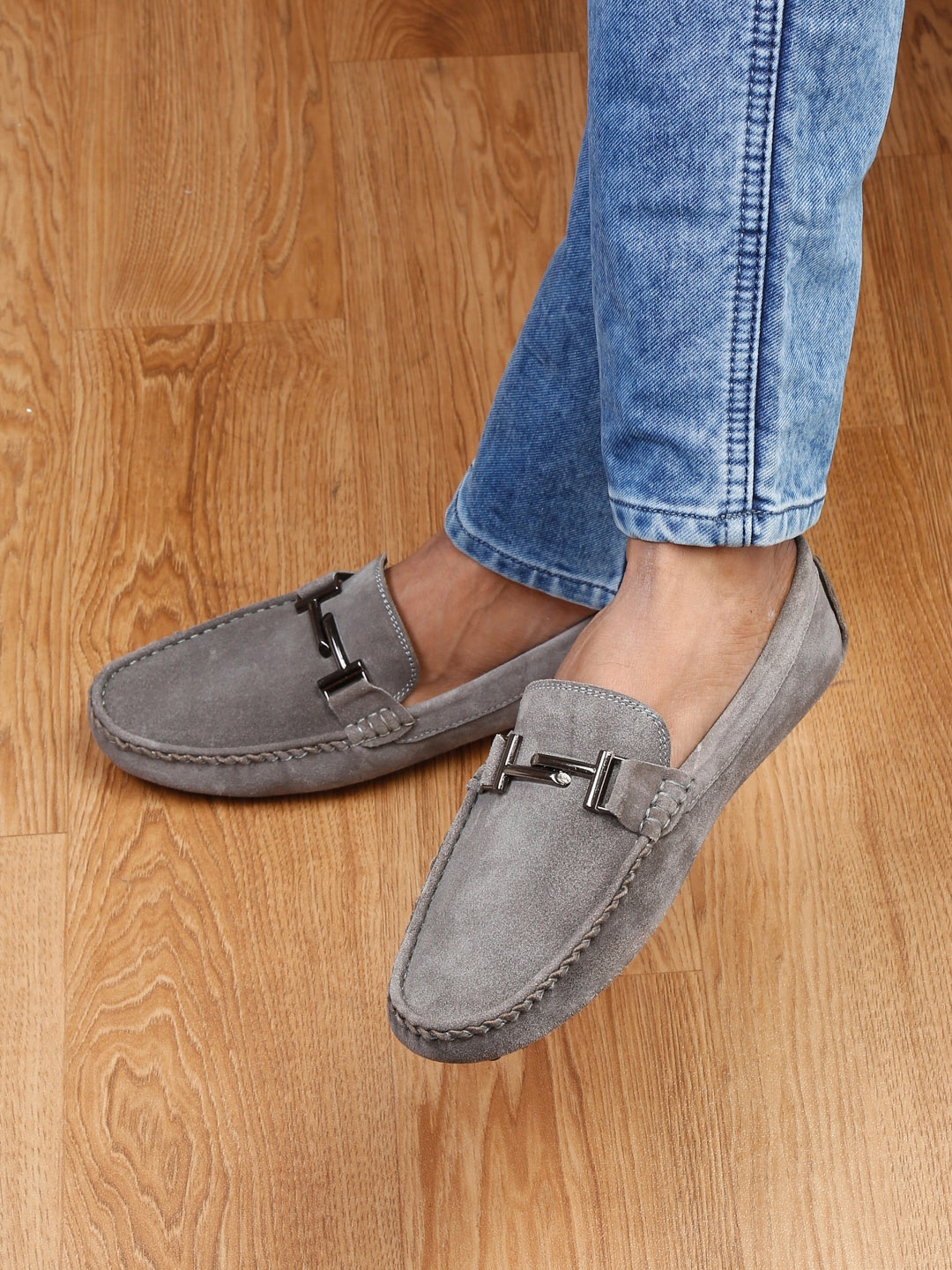 

LOUIS STITCH Men Ash Grey Italian Suede Leather Driving Loafers