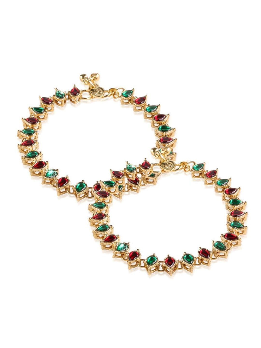 

I Jewels Set Of 2 Gold-Plated Stone-Studded & Beaded Anklets, Red