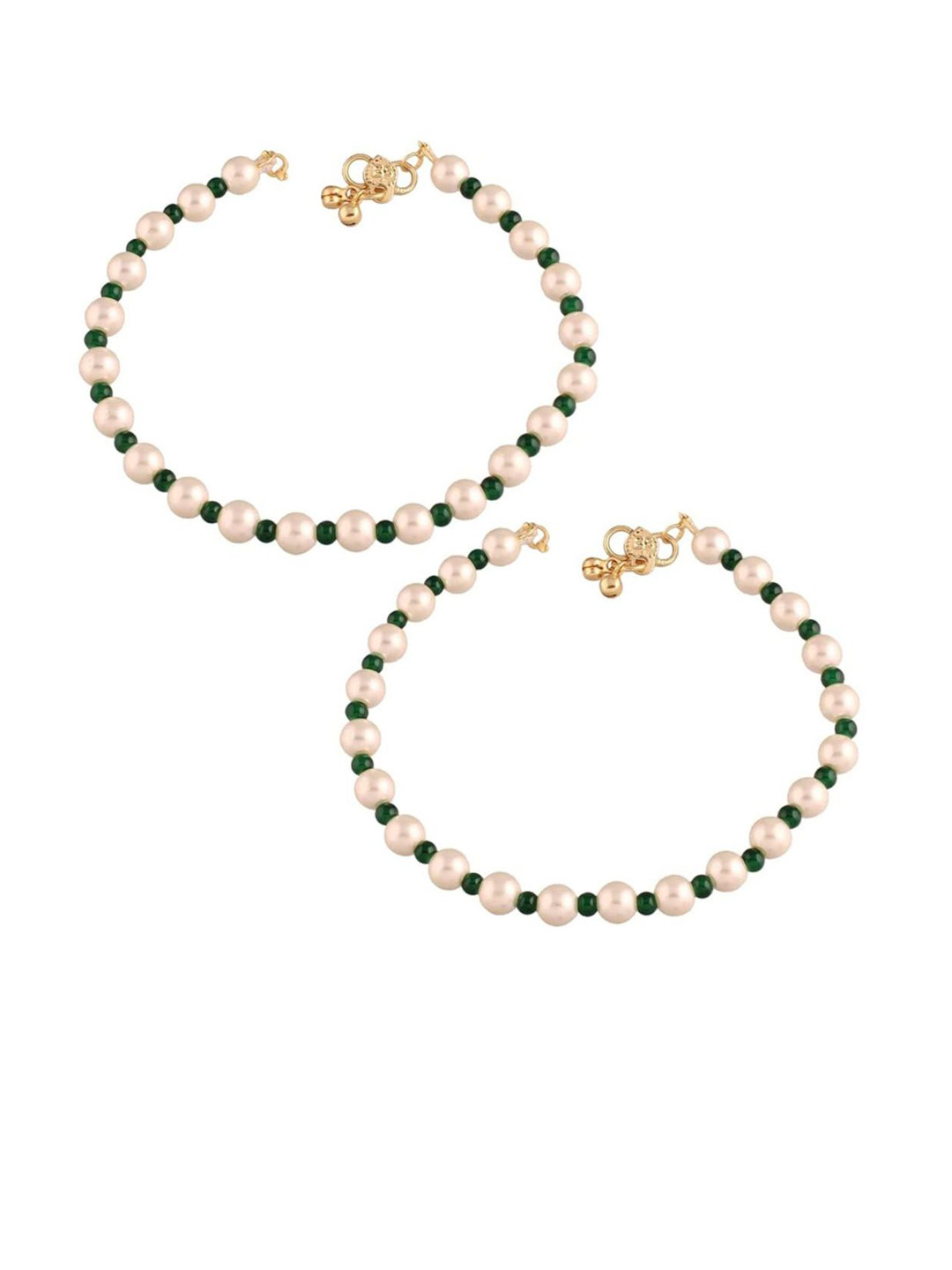 

I Jewels Set Of 2 Gold-Plated Stone-Studded & Beaded Anklets, White