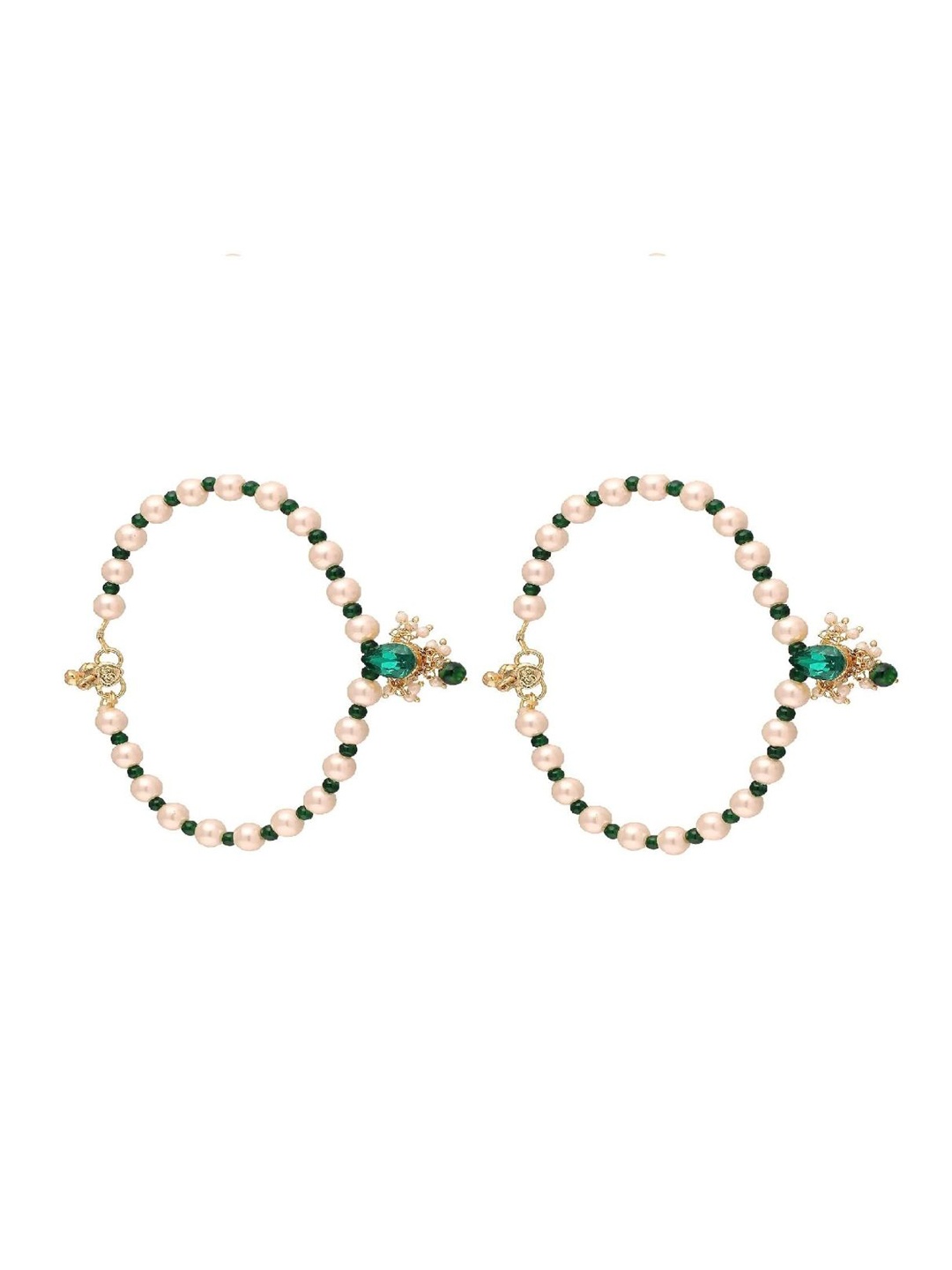 

I Jewels Set Of 2 Gold-Plated Stone-Studded & Beaded Anklets, White