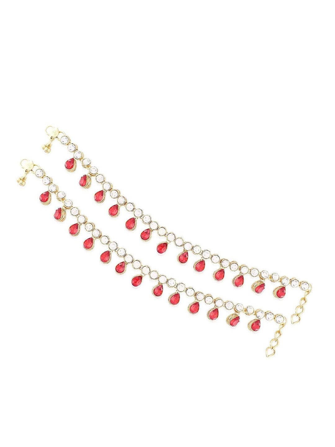 

I Jewels Set Of 2 Gold Plated Stone-Studded Anklets, Red