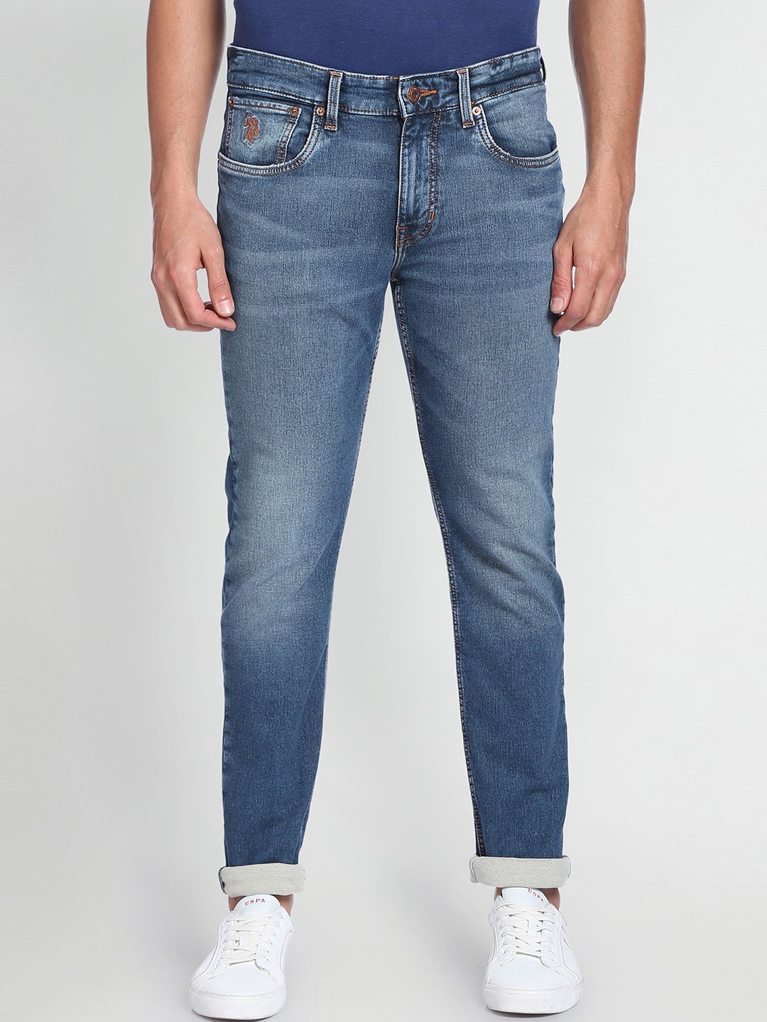 

U.S. Polo Assn. Denim Co. Men Slim Fit Low Distress Light Fade Stretchable Jeans, Blue