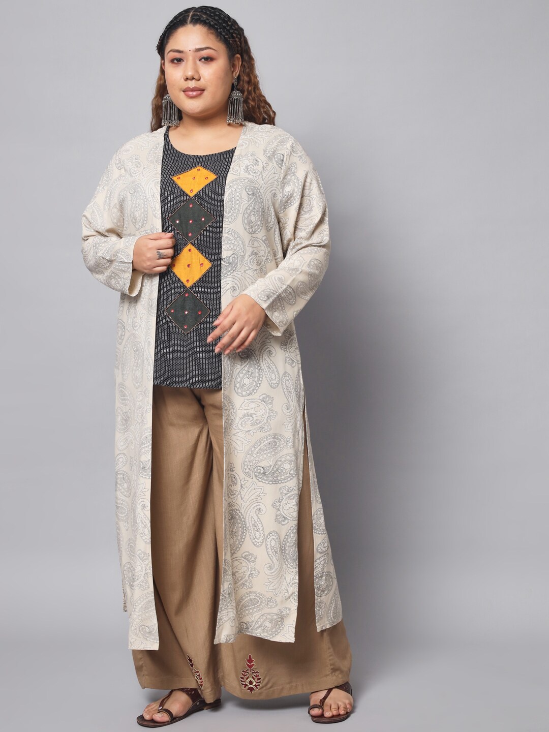 

KALINI Plus Size Paisley Printed Kurti with Palazzo & Jacket, Beige