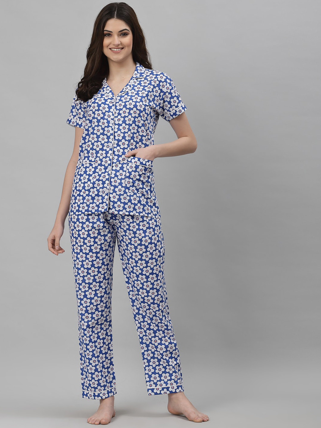 

NEUDIS Floral Printed Pure Cotton Night Suit, Blue