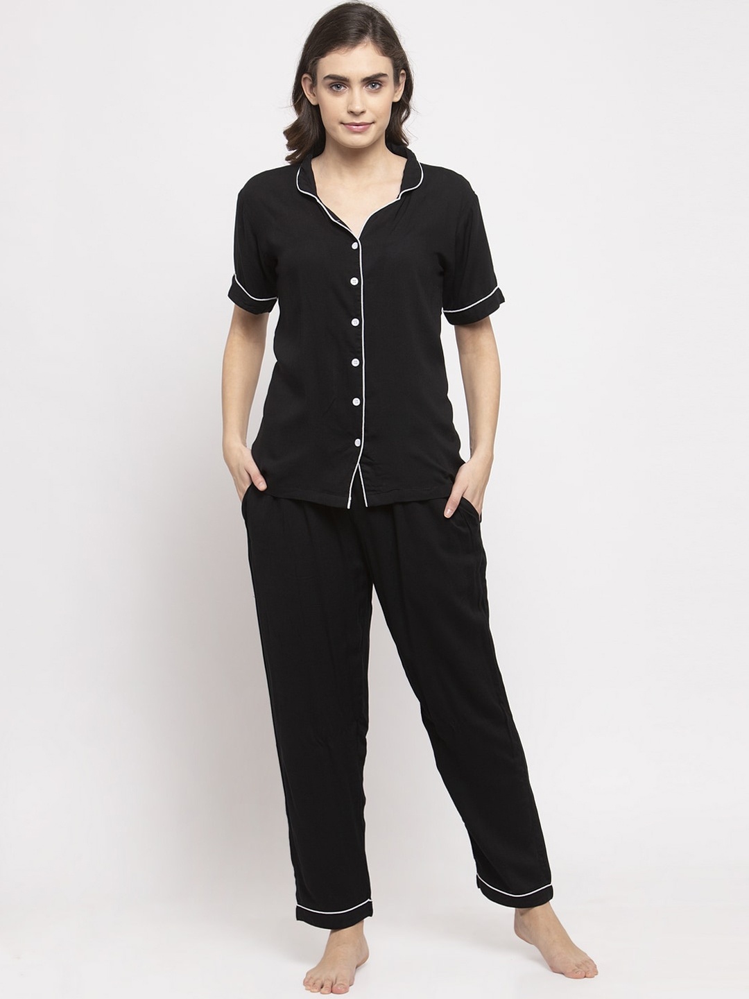 

NEUDIS Women Lapel Collar Short Sleeve Shirt and Pyjamas Night suit Set, Black