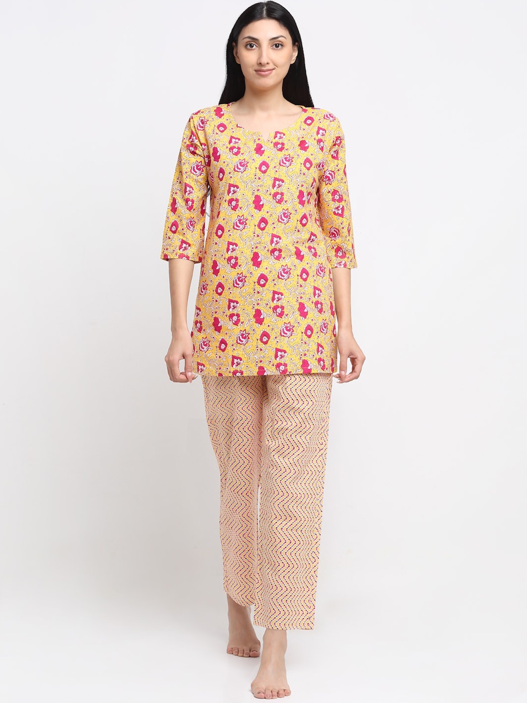 

NEUDIS Floral Printed Pure Cotton Night Suit, Yellow