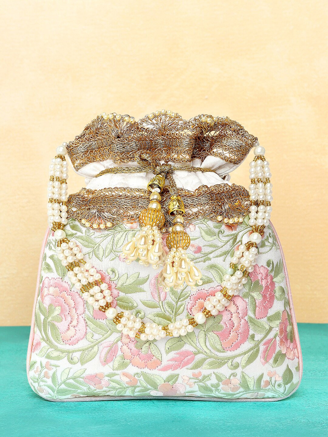 

Peora Embroidered Handmade Evening Wristlet Potli Clutch, White