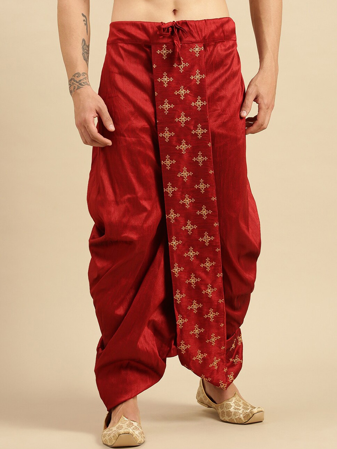 

Sanwara Men Embroidered Art Silk Dhoti Pants, Red