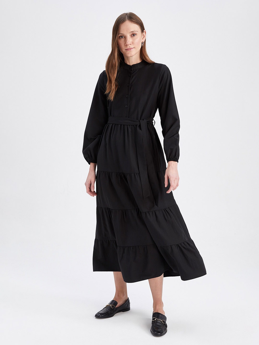 

DeFacto Mandarin Collar Puff Sleeves Belted Tiered Midi Shirt Dress, Black