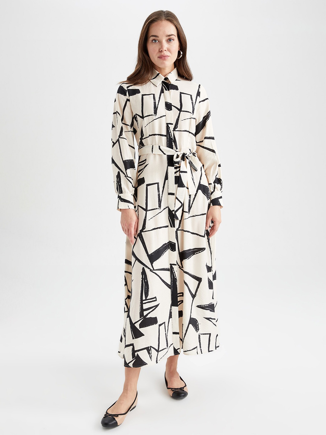 

DeFacto Abstract Printed Belted Shirt Maxi Dress, Off white