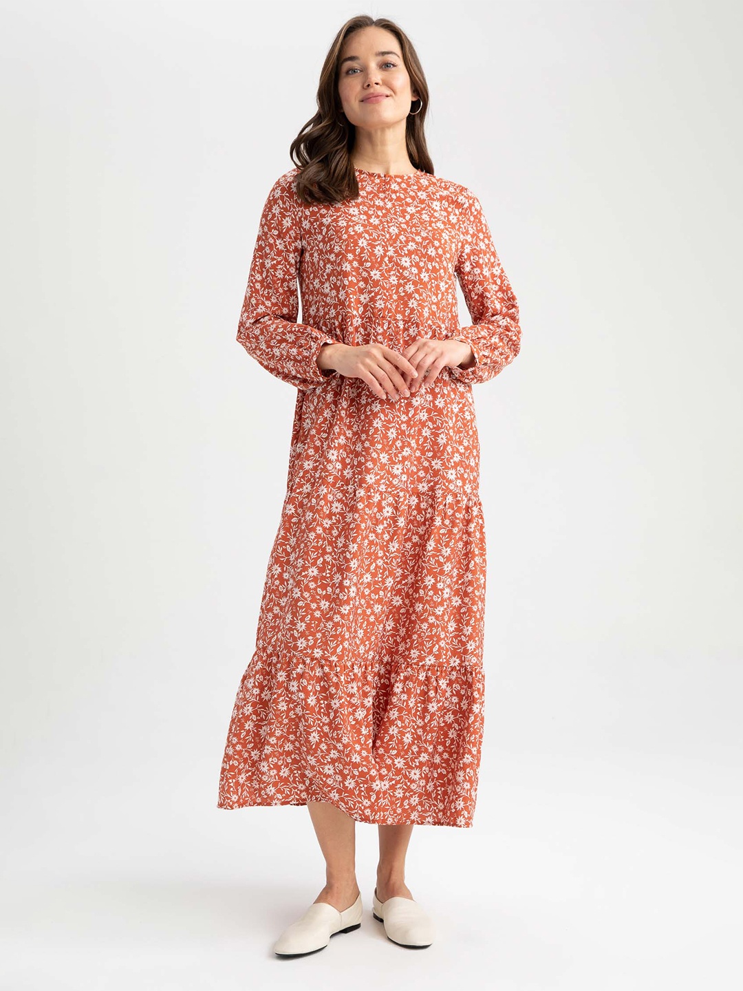 

DeFacto Floral Printed Boat Neck Puff Sleeves A-Line Midi Dress, Rust