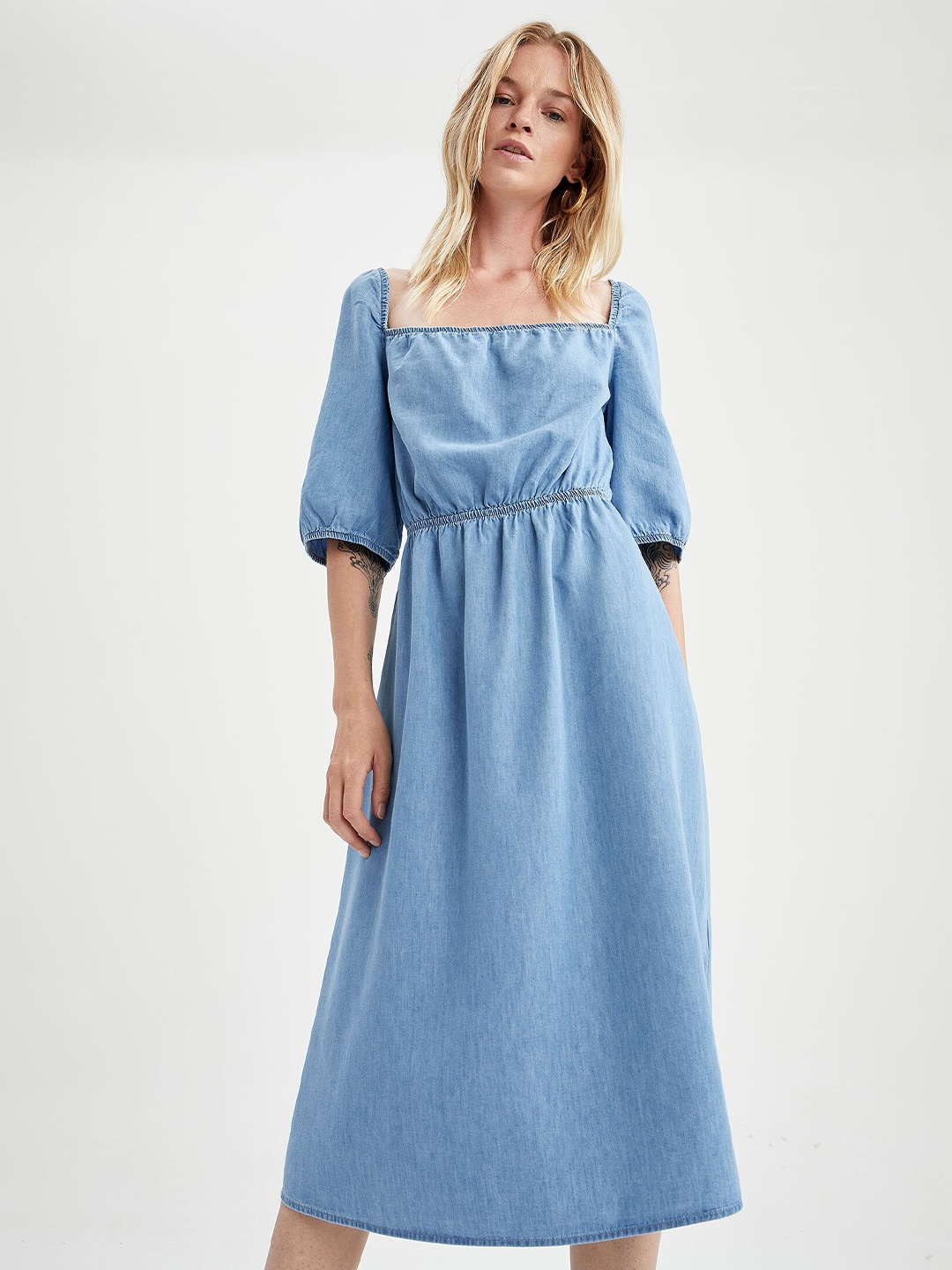 

DeFacto Square Neck Puff Sleeves A-Line Midi Dress, Blue