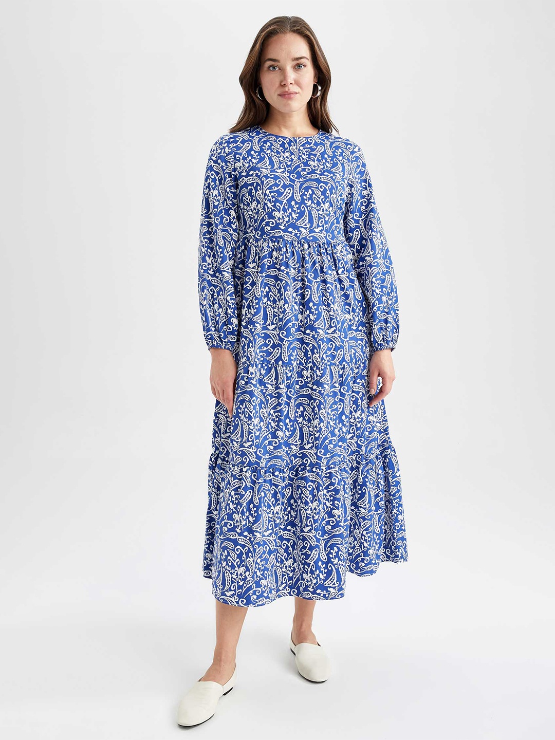 

DeFacto Puff Sleeves Tiered Floral Printed A-Line Midi Dress, Blue