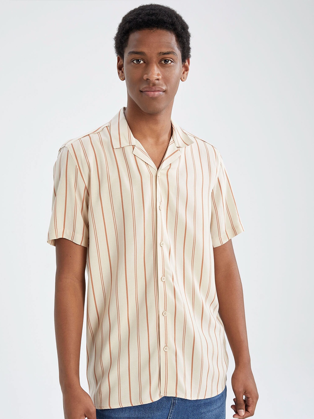 

DeFacto Spread Collar Striped Printed Casual Shirt, Orange