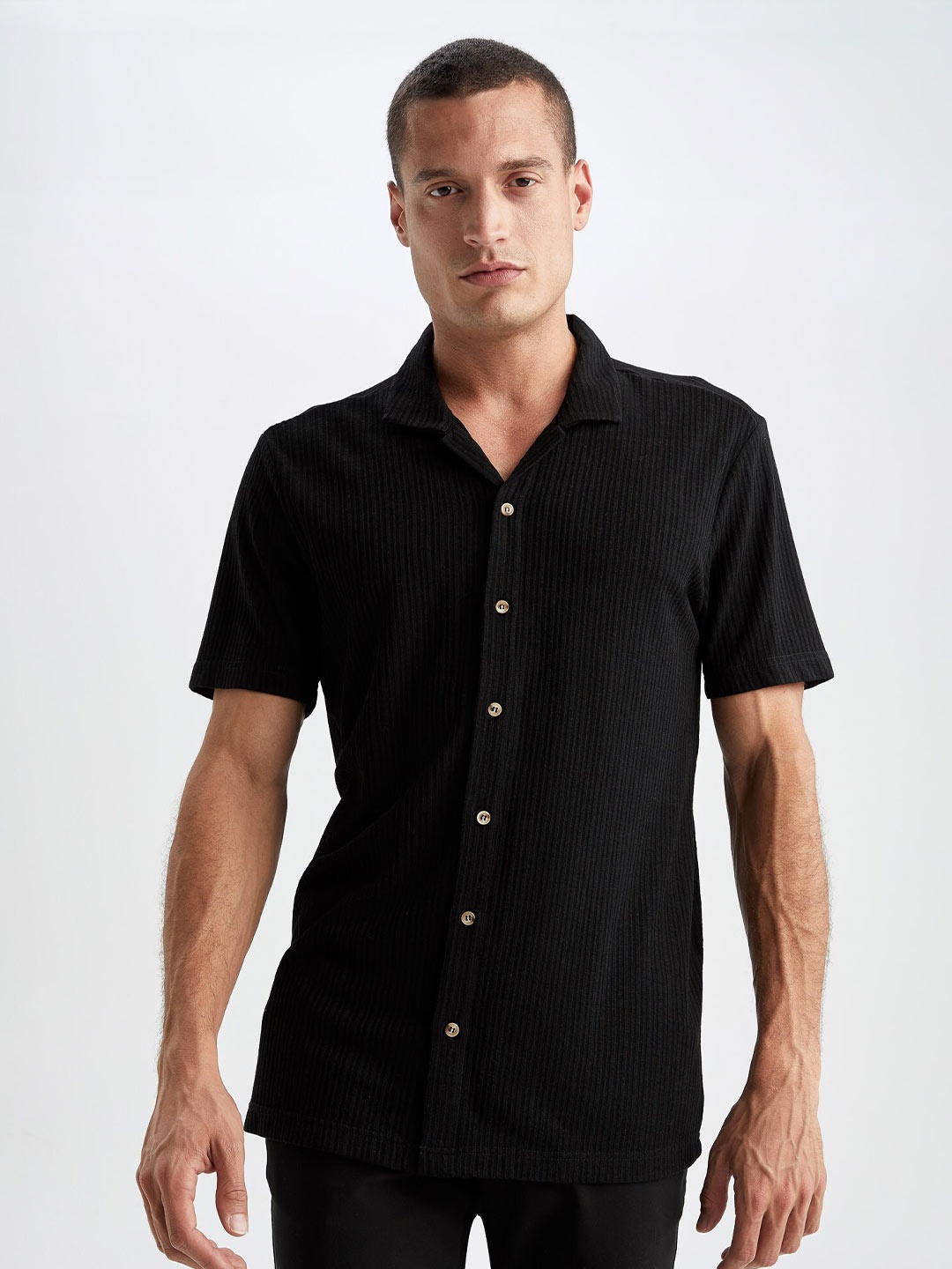 

DeFacto Self Design Stripes Casual Shirt, Black