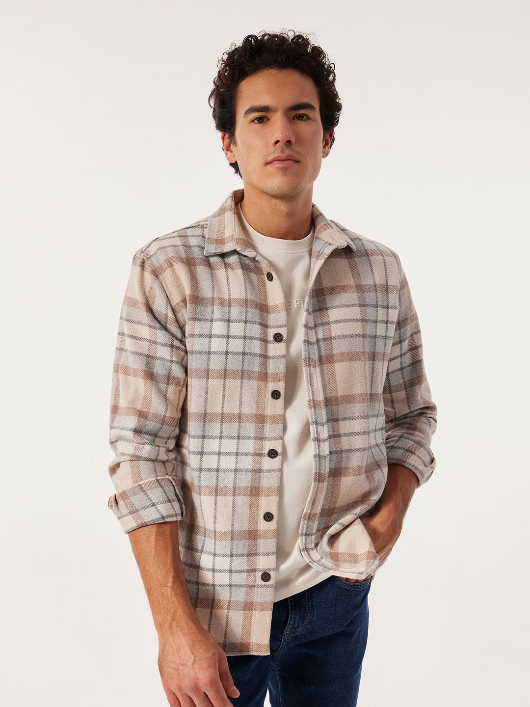 

DeFacto Tartan Checks Checked Shirt, Beige