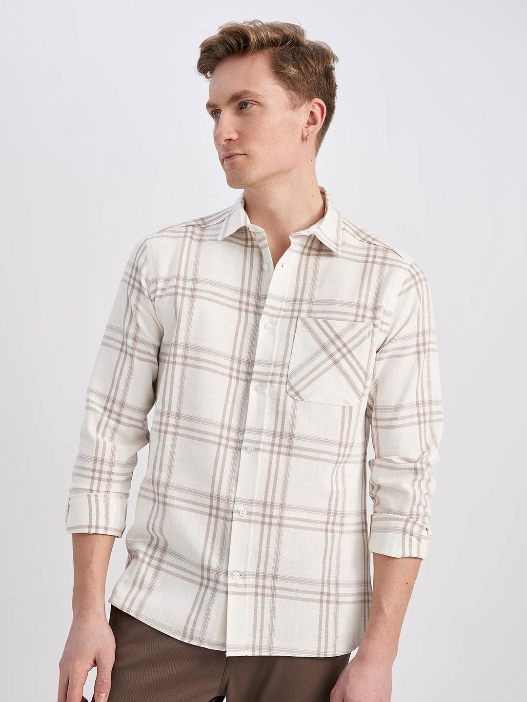 

DeFacto Men Checked Casual Cotton Shirt, White