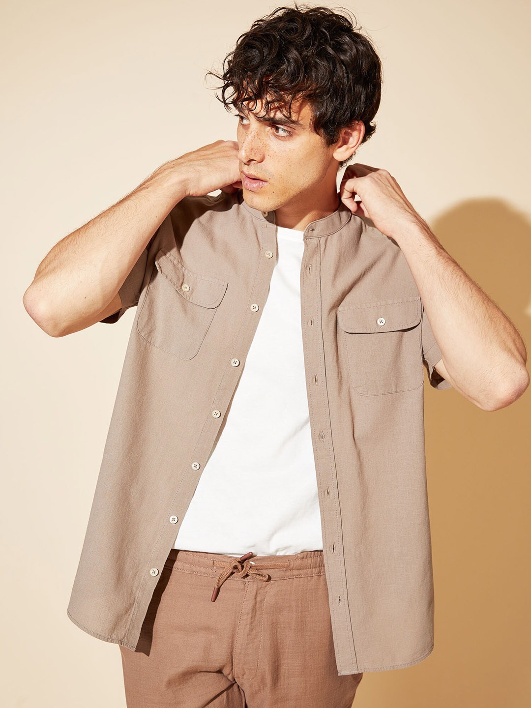 

DeFacto Mandarin Collar Casual Shirt, Taupe