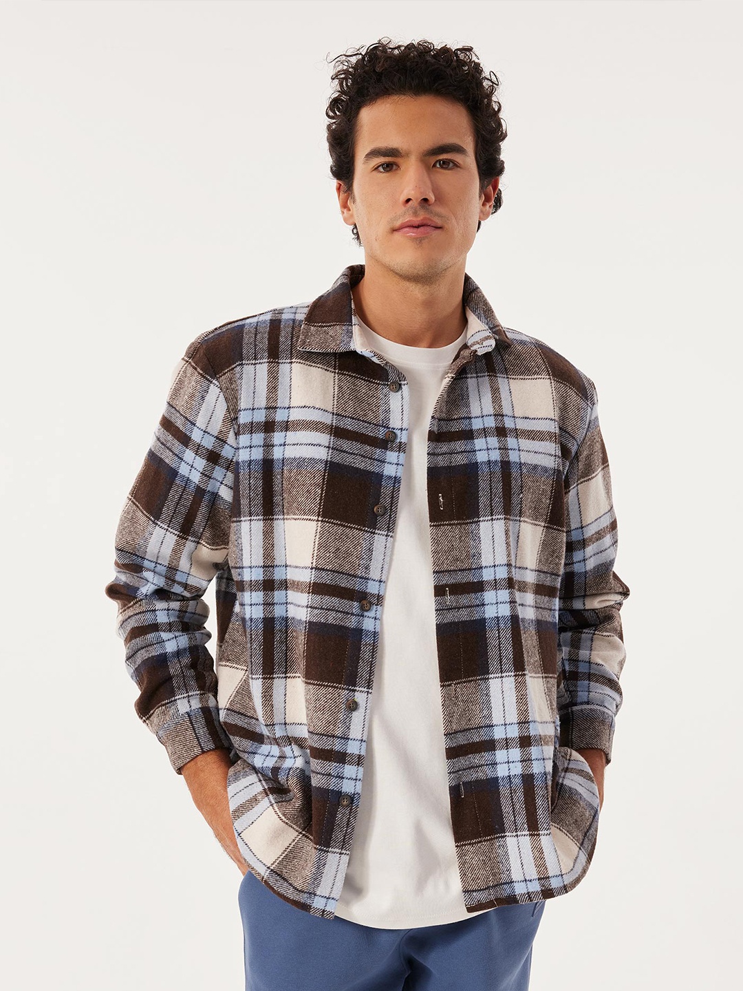 

DeFacto Spread Collar Tartan Checked Cotton Casual Shirt, Brown