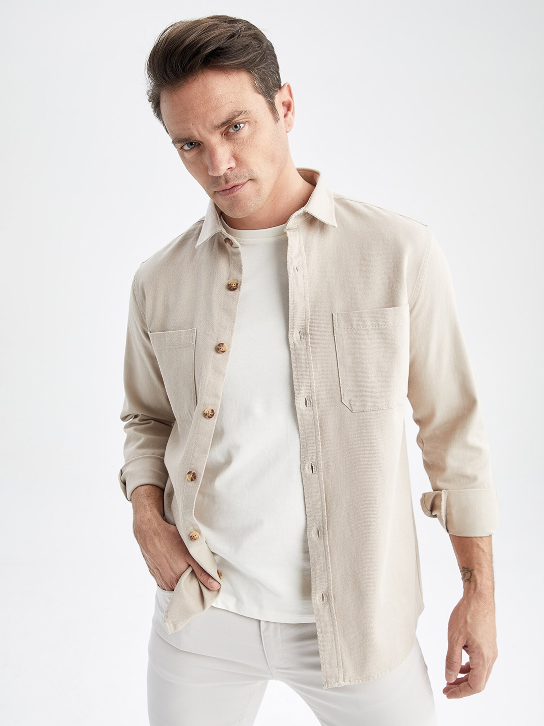 

DeFacto Spread Collar Casual Cotton Shirt, Beige