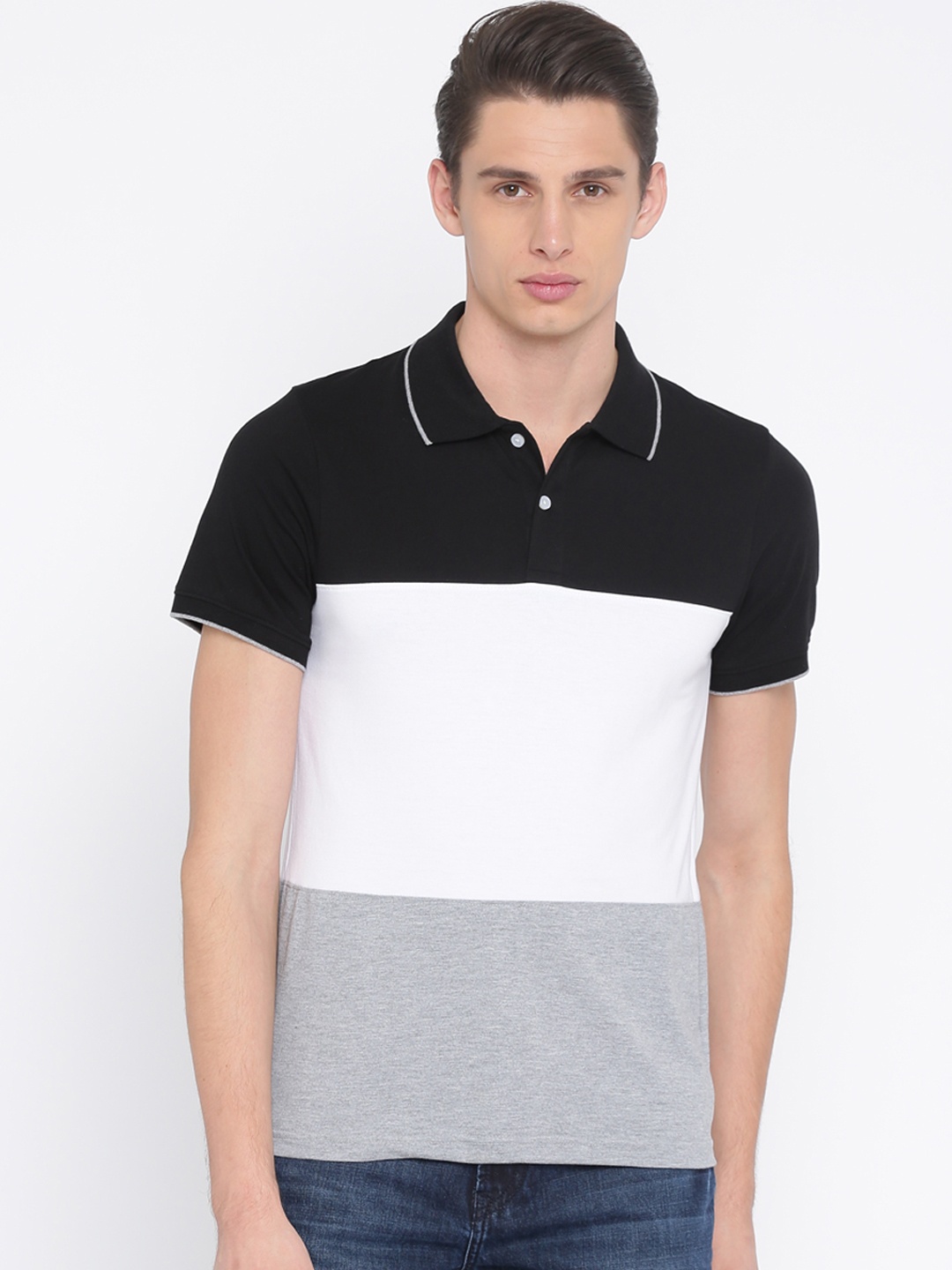 

American Crew Men Black &White Colourblocked Polo T-shirt
