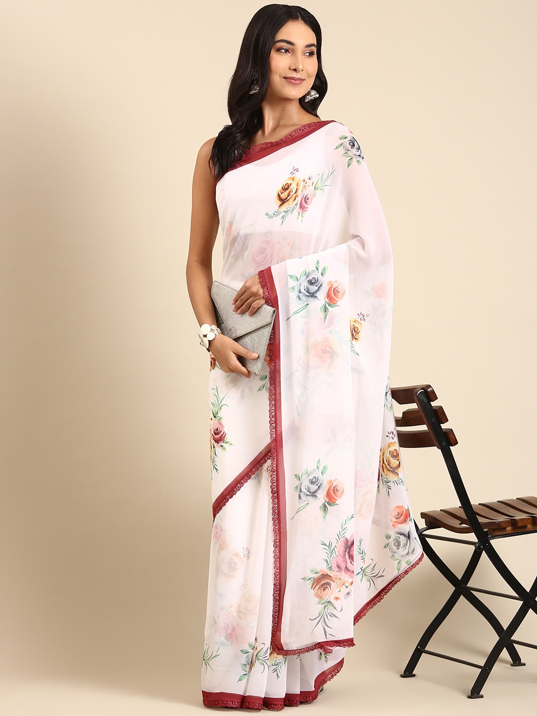 

Rani Saahiba White & Red Floral Saree