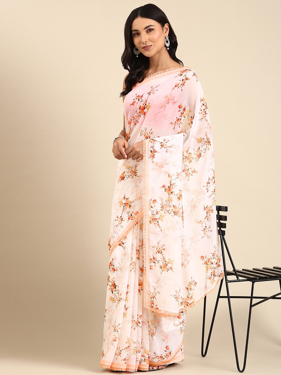 

Rani Saahiba White & Peach-Coloured Floral Saree